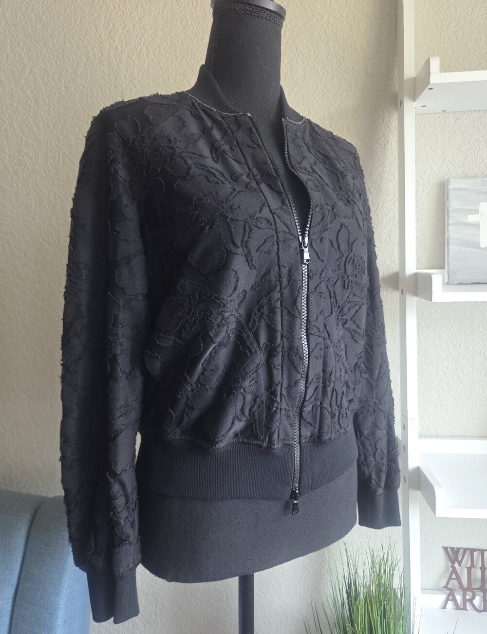 Brunello Cucinelli Black Floral-Textured Zip Bomber Jacket